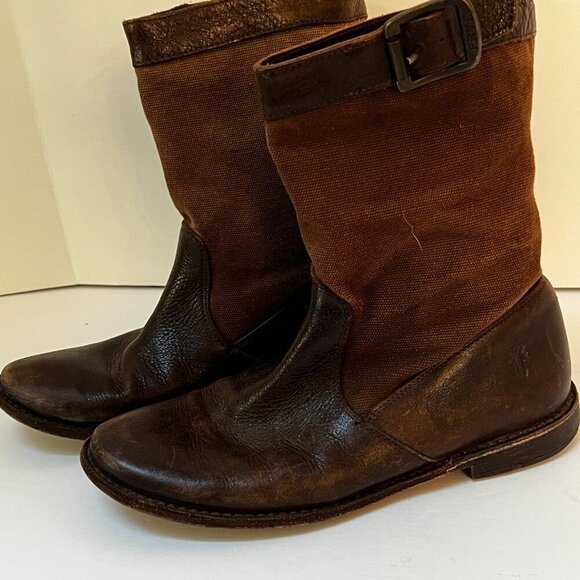 Frye Paige Short Riding Boots Brown Canvas & Leather Pull On Mid Calf 6.5 (READ) - Picture 5 of 15
